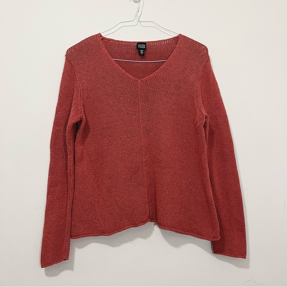 Eileen Fisher Sweaters - Eileen Fisher Women's Open Knit Sweater Sz L Rust Red Orange Linen Blend V-neck